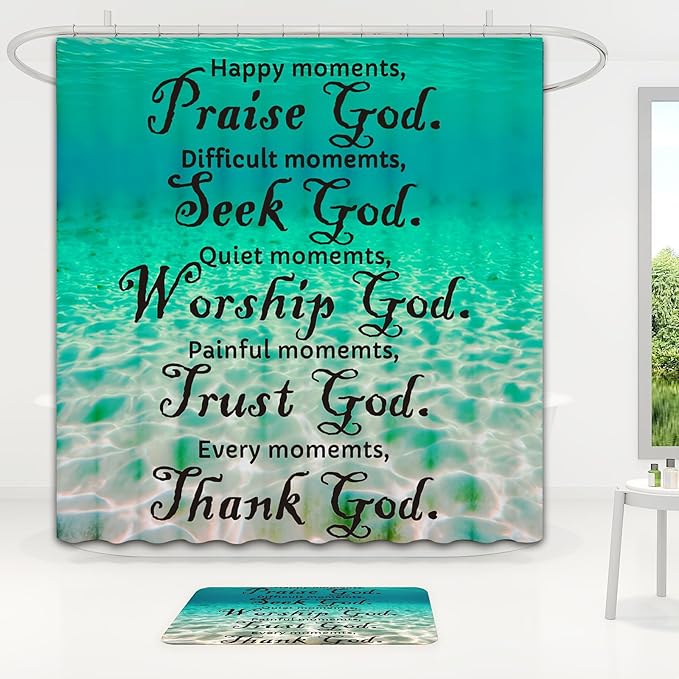 Dreamrflove Shower Curtain Ocean/Sea Themed, Blue Ocean Scripture Shower Curtain with,Classic Christian Scriptureins Quotes,72x72 Inch Waterproof Polyester Insulated Home Decor