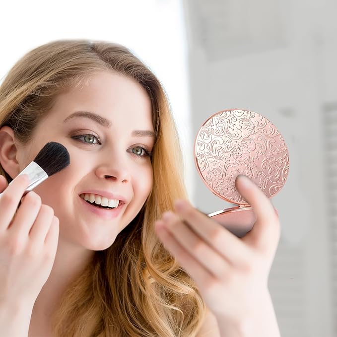Oval Mini Portable Metal Folding Mirror, Beautiful and Elegant, Sturdy and Durable, 1X/2X Magnifier. (Oval Pattern Pink)