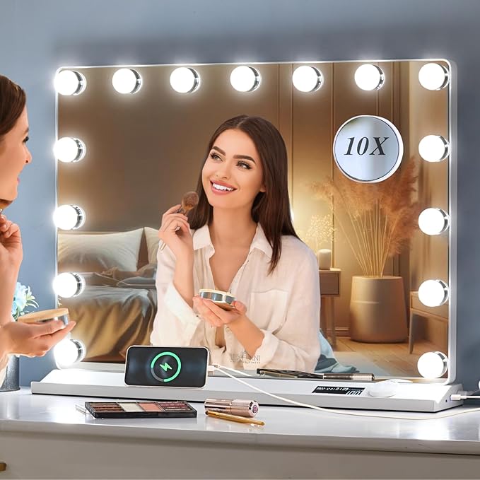 LUXFURNI Vanity Mirror with Lights, Makeup Mirrors Hollywood Mirror with 15 LED Bulbs, 3 Colors Modes & Adjustable Brightness, 10x Magnification, USB Charging