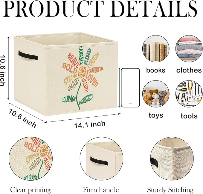 Inspirational Boho Floral Storage Bin Box with Handles, You Are Enough Positive Foldable Baskets Organizer for Kids Room Bedroom Bathroom Clothes Toys Books, Toybox for Girls