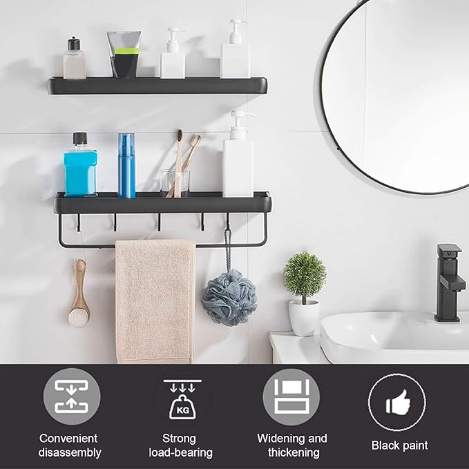 CDQL Bathroom Shelf, Space Aluminum, Wall Mounted, Hollow Storage Rack, Heavy Duty, Spacious Countertop Design Basket Organizer for Home (Single Layer with Rod with 5 Hooks)