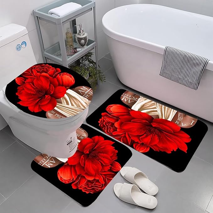 Yddsky 4 Pcs Valentines Red Girl Shower Curtain Sets African American Woman Rose Floral Quotes Non-Slip Rugs Bath Mat Toilet Cover U Shaped Mat Shower Curtain with 12 Hooks Bathroom Set