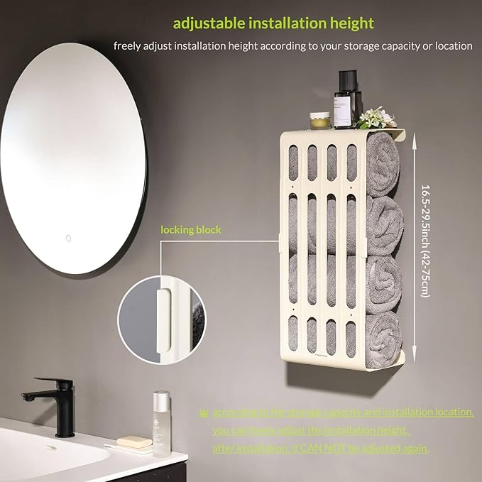 simpletome Towel Storage Rack Adjustable Height Wall Mount Bathroom Shelf Organizer Carbon Steel (Matte Cream)