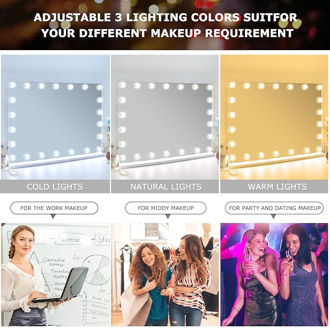 24.4"x 20.4" Vanity Mirror Makeup Mirror with Lights,10X Large Hollywood Lighted Vanity Mirror with 22 Dimmable LED Bulbs,3 Color Modes,Touch Control for Bedroom,Tabletop or Wall-Mounted
