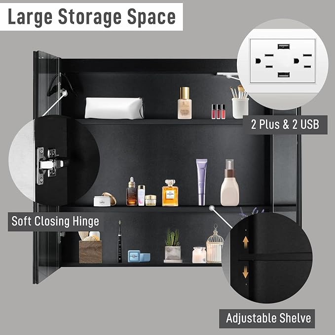 Karl home 2-Doors 32"x28" LED Medicine Cabinet for Bathroom, 3-Color Wall Mounted Dimmable Bathroom Cabinet with 3-Tiers Storage Shelves, Anti-Fog, USB Charge, Black