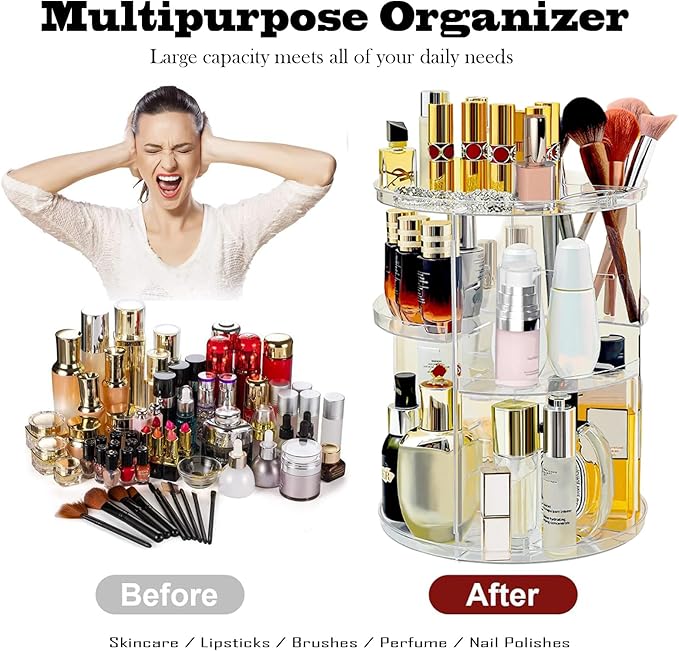 360 Rotating Makeup Organizer for Vanity Adjustable Cosmetic Display Case Large Capacity Skincare Organizers Perfume Organizer Spinning Holder for Countertop Vanity and Bathroom