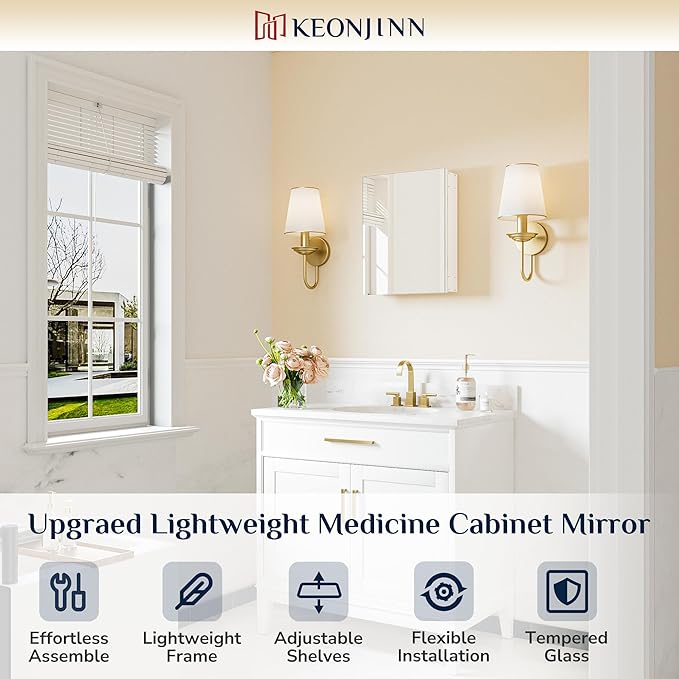 Keonjinn White Medicine Cabinet 14.5 x 18.5 Inch, Assembly Required, Mini Medicine Cabinet Mirror for Compact Bathroom, Free Adjustable Shelves, Wall Mount or Recessed, Tempered Glass