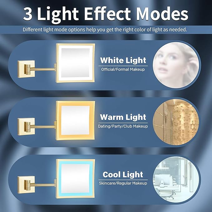 DOWRY Wall Mounted LED Lighted 5X Magnifying Square Makeup Mirror with Plug,8 Inch, Polished Gold Finished Dowry1802D-8x5
