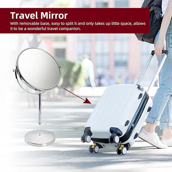 15" Tall Classic Round Desktop Makeup Mirror with Magnification, 8" Large Double-Sided 360° Swivel Free Standing Vanity Mirror, 1X/10X Magnifying Mirror with Stand for Bathroom & Bedroom, No Light