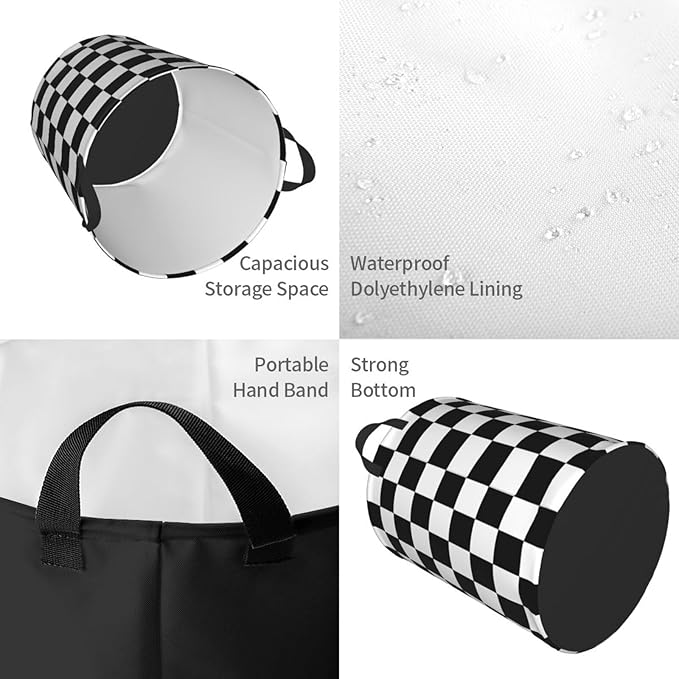 Black And White Checkered Pattern Round Laundry Hamper Checkerboard Storage Basket Toys Clothes Organizer Bin For Home Bathroom Bedroom Dorm Nursery, 38l