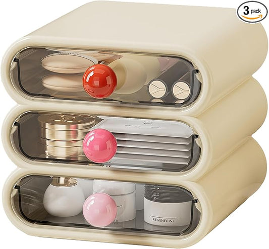3-Drawer Desktop Organizer, Compact Vanity Drawer Organizer for Makeup, Small Plastic Drawer Containers for Bathroom, Cabinet