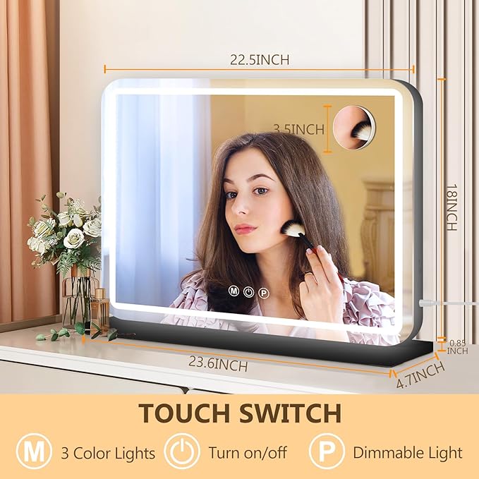 Ratsamee 23"x18" Black Vanity Mirror with Lights, Led Makeup Mirror, Lighted Makeup Mirror with 3 Color Dimmable Lights, Smart Touch Screen Control, Aluminum Metal Frame,USB Charging Port