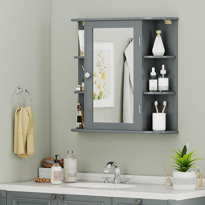 Giantex Bathroom Mirror Cabinet, Wall Mounted Medicine Cabinet with Mirrored Door & 4 Interior Shelves, 6 Open Shelves, Mounting Hardware, Space-Saving Storage Cabinet