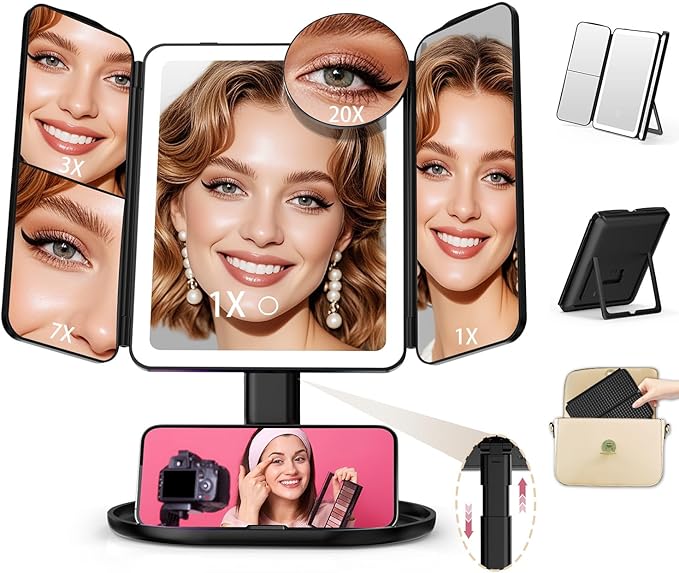 Mocado Makeup Mirror with Lights, 20X/7X/3X Magnifying Mirror with Light,Rechargeable & Height Adjustable Lighted Makeup Mirror,Vanity Mirror with 3 Colors Lights,Detachable Design for Travel(Black)