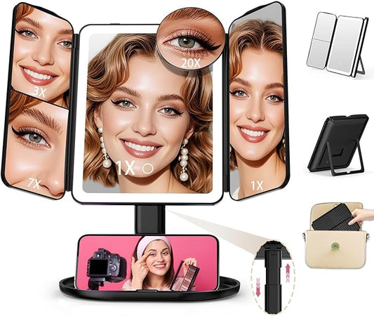 Mocado Makeup Mirror with Lights, 20X/7X/3X Magnifying Mirror with Light,Rechargeable & Height Adjustable Lighted Makeup Mirror,Vanity Mirror with 3 Colors Lights,Detachable Design for Travel(Black)