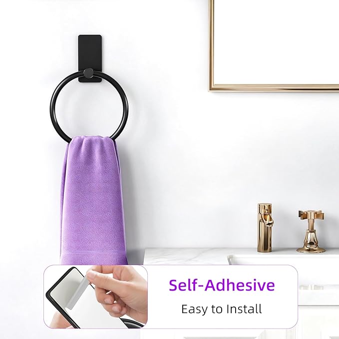 2 Pack Towel Ring, Hand Towel Holder for Bathroom, Self Adhesive Round Hand Towel Rings, Stainless Steel Towel Hanger Heavy Duty Towel Racks Stick On Wall for Kitchen, Matte Black
