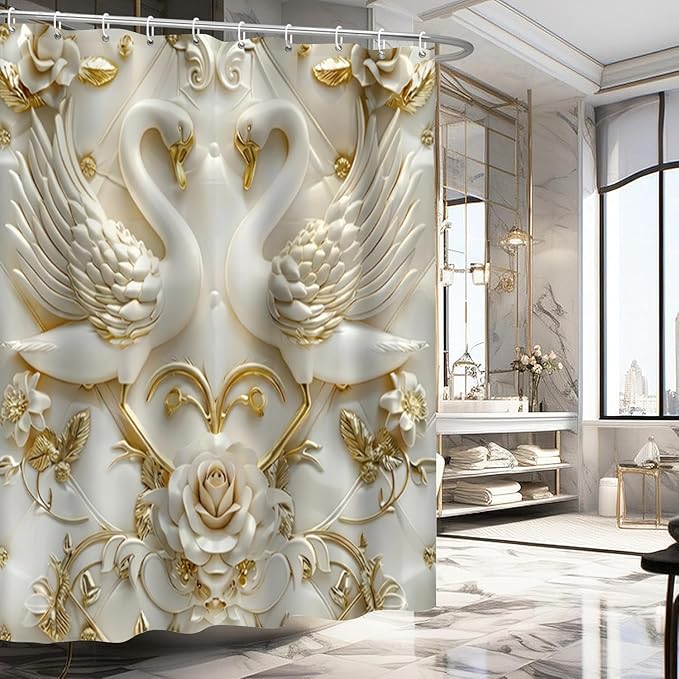 NBVKO 4Pcs White Swan Rose Reliefs Printed Shower Curtain Set with 12 Hooks Non-Slip Rugs,Toilet Lid Cover and Bath Mat, Stylish Bathroom Decor for Hotel & Home Bathroom