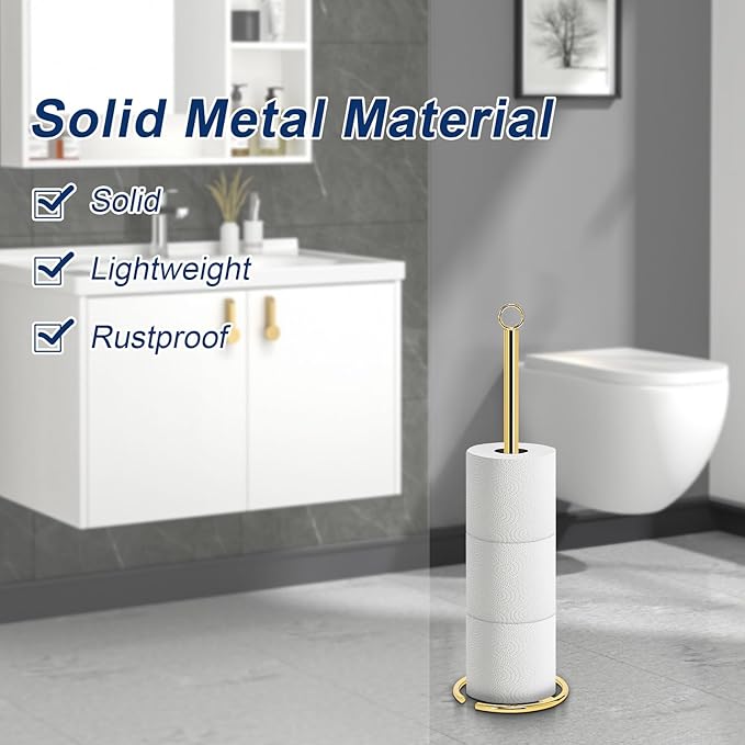 NearMoon Bath Toilet Paper Holder Stand, Freestanding Tissue Paper Storage with Reserve, Space Toilet 4 Rolls Holder for Bathroom/Kitchen Countertop-All Metal (2 Pack, Chrome Gold)