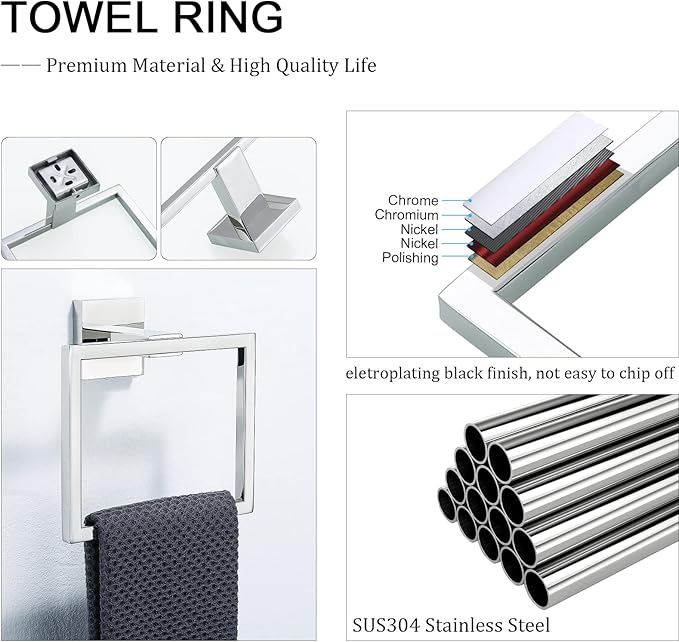 TQKAG Polished Towel Ring Bathroom Hand Towel Holder Stainless Steel Square Towel Hangers Wall Mounted