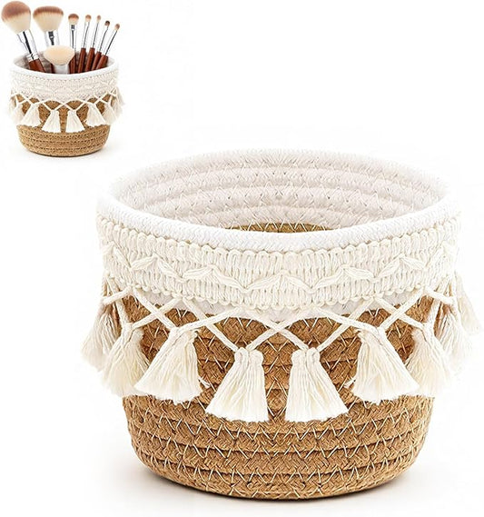 Macrame Makeup Brush Holder Organizer Comb Brushes Mini Storage Basket Boho Decor Baskets Cosmetics Desk Storage Baskets Tassels Fringe Decorative Pencil Holder for Vanity Office Desk Organizer