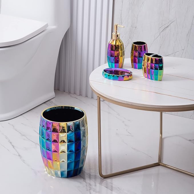 Rainbow Bathroom Accessory Set, Colorful/Gold Mosaic Ceramic Bathroom Accessories Sets Includes Lotion Dispenser, Toothbrush Holder Tumbler, and Soap Dish
