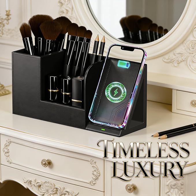 LADSTAG Makeup Brush Holder Organizer, Leather Makeup Brush Cup with Phone Charging Stand for Cosmetics, Nail Polish, Lipstick & Art Supplies ?€? Vanity Desktop Bathroom Organizer