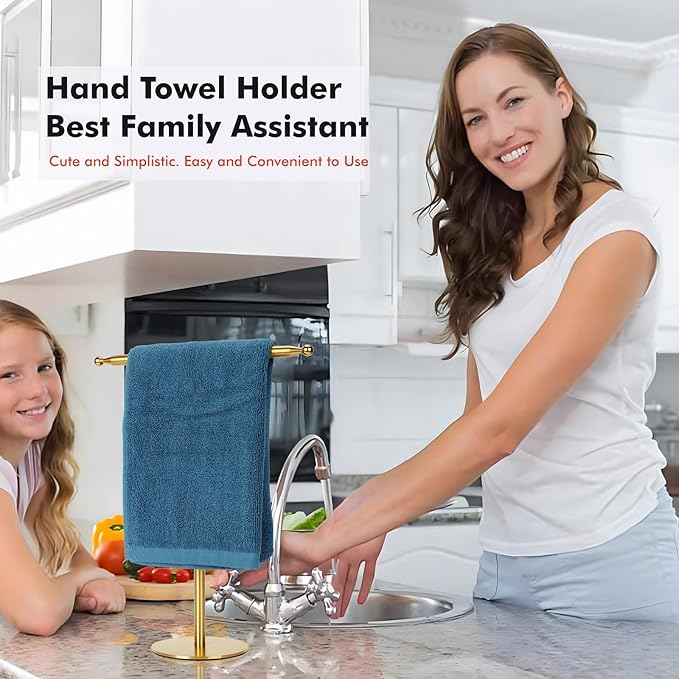 Gold Hand Towel Holder Stand for Bathroom Vanity Countertop Stainless Steel T-Shape Free Standing Towel Rack Stand Towel Bar for Bathroom Kitchen (Gold)