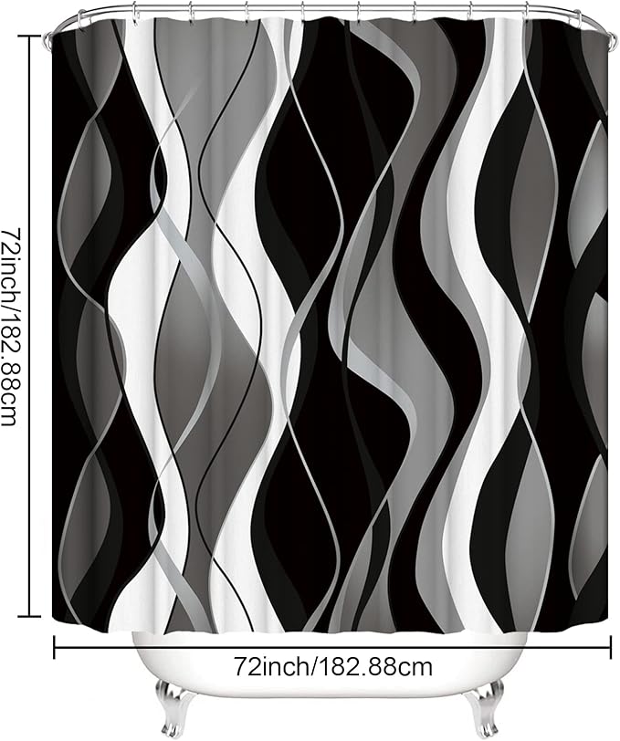 beifivcl 4Pcs Black Shower Curtain Sets with Non-Slip Rugs, Toilet Lid Cover and Bath Mat, Black and Gray Bathroom Decor Set Accessories Fabric Waterproof Shower Curtains with 12 Hooks, 72 x 72 Inch