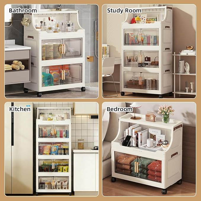 217QT Stackable Storage Bins with Lids & Rack, 5 Tier Large Capacity Foldable Storage Cabinet, Clear Collapsible Pantry Organizer for Home, Kitchen, Bathroom, Dorm, Office, Clear