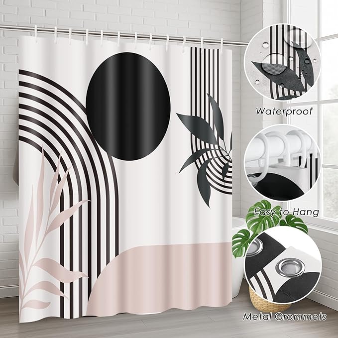 Boho Mid Century Shower Curtain Set with Toilet Lid Cover and Non-Slip Rugs, Abstract Pink Black 4 Pcs Modern Minimalist Shower Curtain for Bathroom Set with 12 Hooks