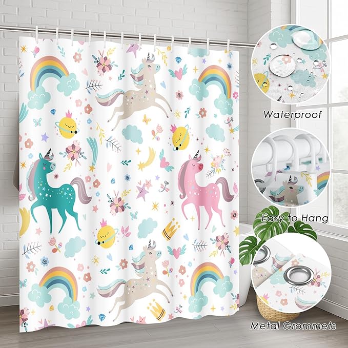 ArtSocket Unicorns Rainbow Bathroom Set with Shower Curtain and Rugs Accessories Cute Cloud Fun Girl Shower Curtain Set Kids Abstract Colorful Creative Vintage Bathroom Decor 4 Pcs