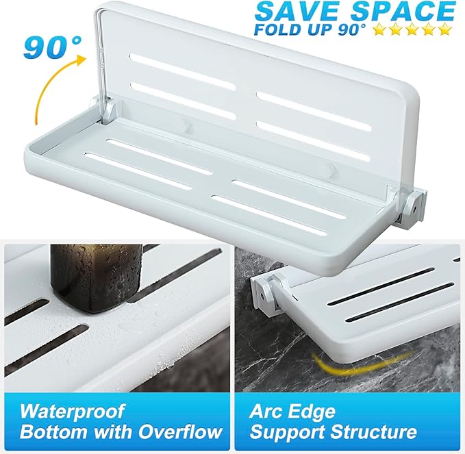 White Small Folding Wall Shelf, RV Aluminum Foldable Shelves, 90° Fold Up and Waterproof, Drop Down Floating Shelf for Kitchen, Toilet Room, Laundry Room, Small Space(2-Pack, White)