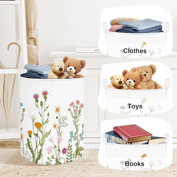 Colourful Flowers Laundry Hamper Large Storage Basket Floral Collapsible Adult Organizer Kids Clothes Toys Bins for Bedroom, Bathroom, Butterfly, 63L