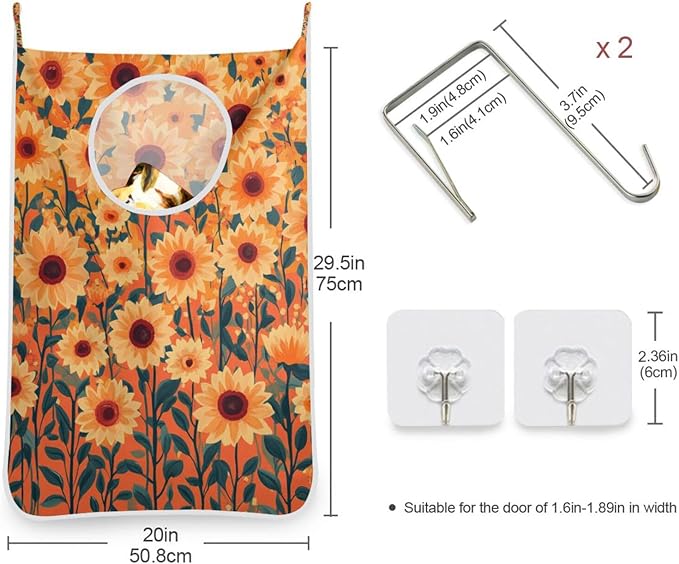 Orange Sunflowers and Poppy Flowers Door Hanging Laundry Hamper Bag with Free Adjustable Stainless Steel Hooks Dirty Clothes Hamper Extra Large Over the Door Laundry Hamper 29.5X20inch 1 PCS