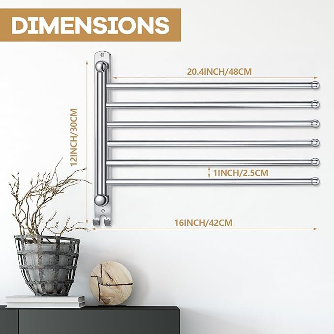 Teenyyou 20.4 Inches Swivel Towel Rack 304 Stainless Steel 6 Arms Bathroom Towel Rack Hanger Pool Holder Wall Mounted Swivel Bar Space Saving with Hook(Sliver)