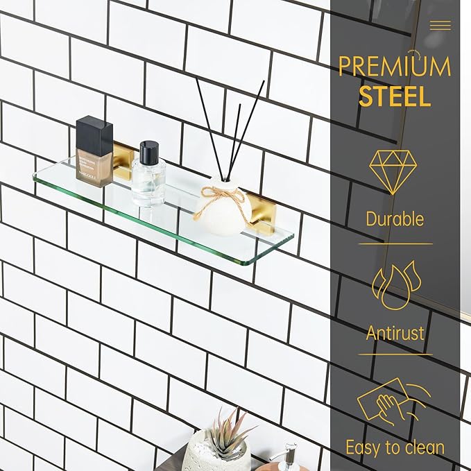 KOKOSIRI Floating Wall Shelf 16-Inch Bathroom Tempered Glass Shelves Shower Rack Kitchen Storage Home Decor, 2 Pack Gold Stainless Steel B1107BG-L16-P2