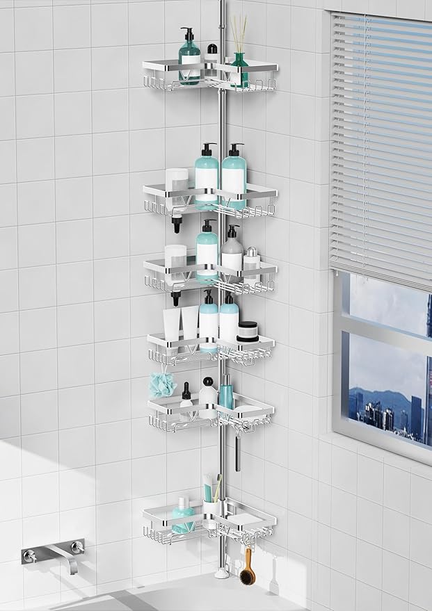 KEGII 6-Tier Corner Shower Caddy Tension Pole, Adjustable Shower Tension Rod Organizer, Floor to Ceiling Shower Caddy 25-114.2 inch, Silver