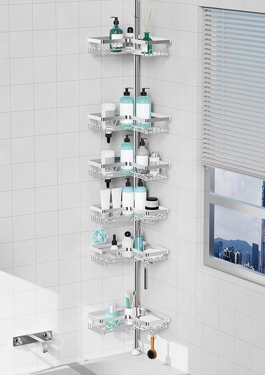 KEGII 6-Tier Corner Shower Caddy Tension Pole, Adjustable Shower Tension Rod Organizer, Floor to Ceiling Shower Caddy 25-114.2 inch, Silver