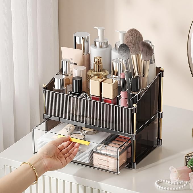 INVSSENE Stackable Makeup Organizer Countertop, Storage Perfume Skincare Cosmetic Lipstick Face Mask Makeup Brush Palettes, Ideal for Vanity Bathroom Counter