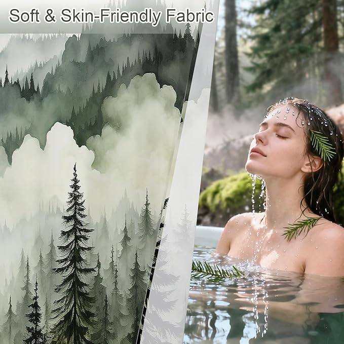 Dark Green Extra Long Misty Pine Forest Shower Curtain 72 x 84, XL Mountain Foggy Woodland Scenery Tree Shower Curtains for Bathroom, Abstract Waterproof Nature-Themed Decor