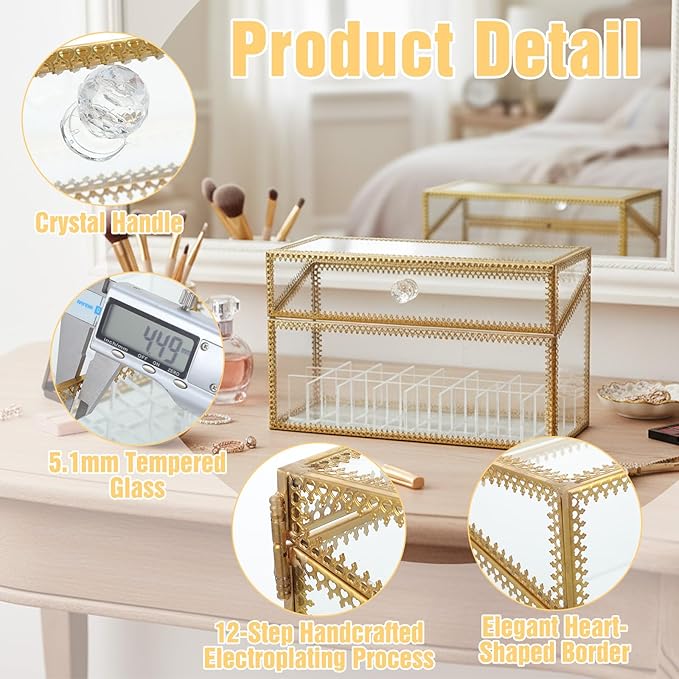 Lipstick Organizer Holder 24 Spaces, Tempered Glass Lip Gloss and Perfume Organizer, Vanity Lipstick Holder with Removable Dividers, Gold