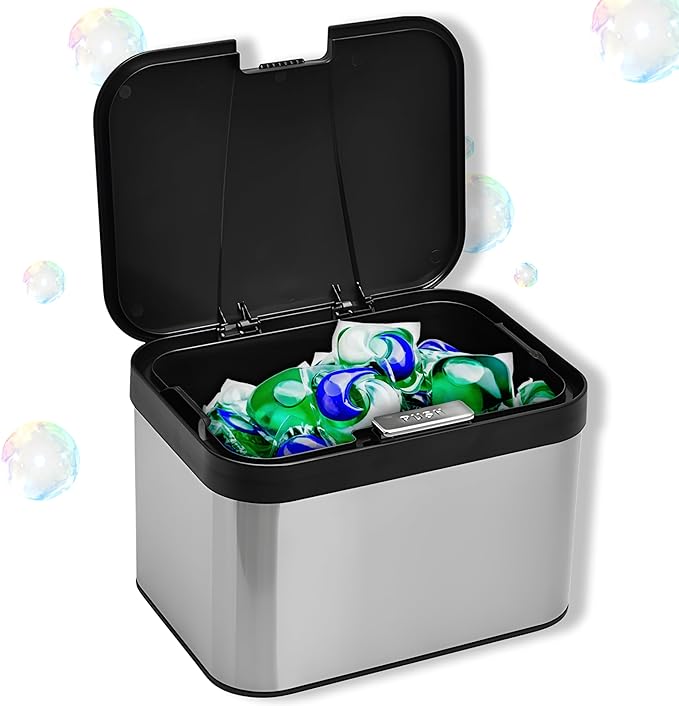 Skywin TidyFriend Laundry Pods Container with Push Up Lid, 9.8" x 7.3" x 6.3", Airtight Storage Keeps Pods Fresh, Laundry Detergent Container & Dishwasher Pod Holder (Black)
