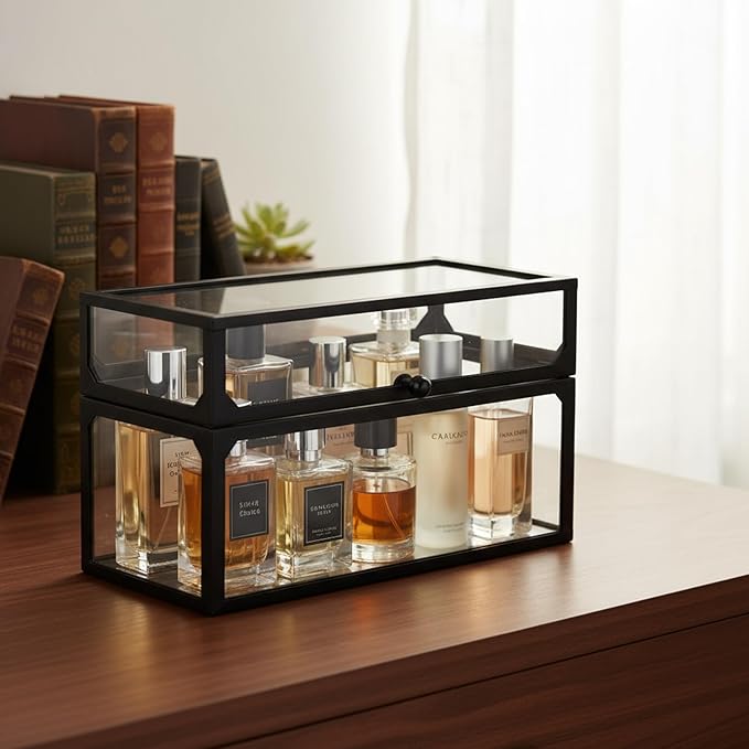 Cologne Organizer for Men, Glass Perfume Stand, Makeup Organizer Countertop, Large Capacity Dustproof Cologne Holder for Watch, Jewelry, Perfume Display Risers, A Gift for Men, Clear