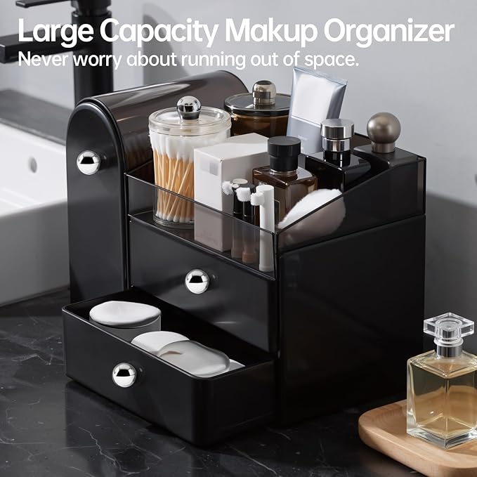 Makeup Organizer with Brush Holder, Large Cosmetic Storage, Skincare Organizer for Bathroom Countertop, Vanity Organizer for Lipstick, Perfume, Nail Polish, Mothers Day Gifts for Women(Black)