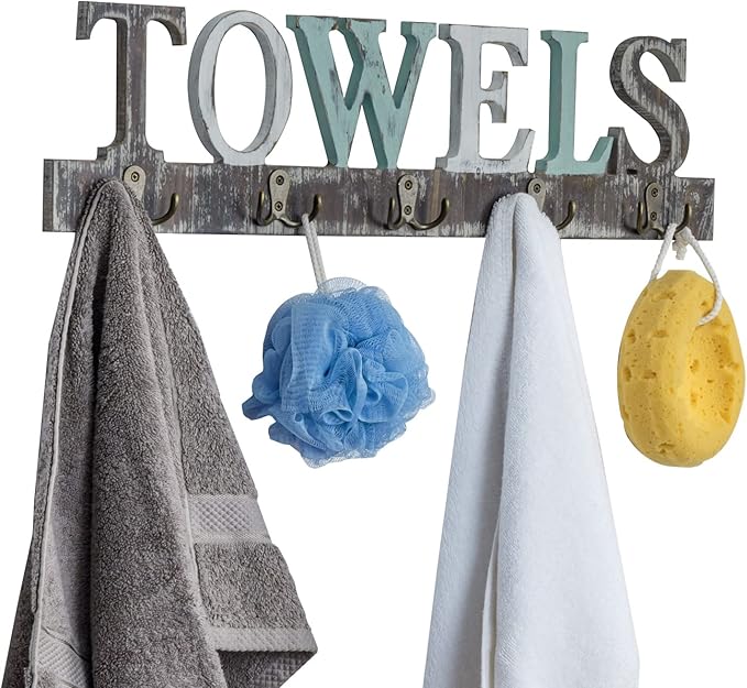 MyGift Towel Rack for Bathroom, Wall Mounted Bath Towel Holder with 5 Dual Hooks, Kitchen Laundry Hand Towel Hanger, Rustic Multicolored Solid Wood with Decorative Towel Cutout Design