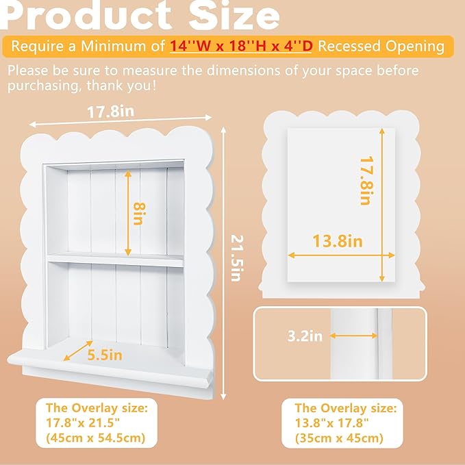 Royxen 14"x18" Recessed Medicine Cabinet, 2-Tier Wooden Bathroom Wall Cabinets Without Mirror,Scalloped Large Medicine Cabinet Niche for Bathroom Storage Organizer,White