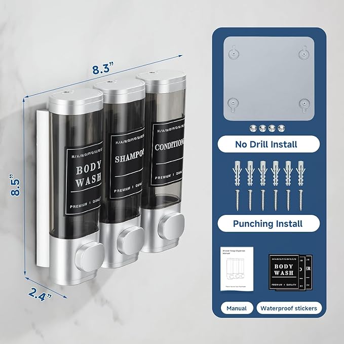 Shampoo and Conditioner Dispenser Shower Dispenser 3 Chamber No Drill Shampoo Dispenser for Shower Wall Mounted Shower Dispenser Body Wash for Bathroom Hotel Large Capacity,Silver