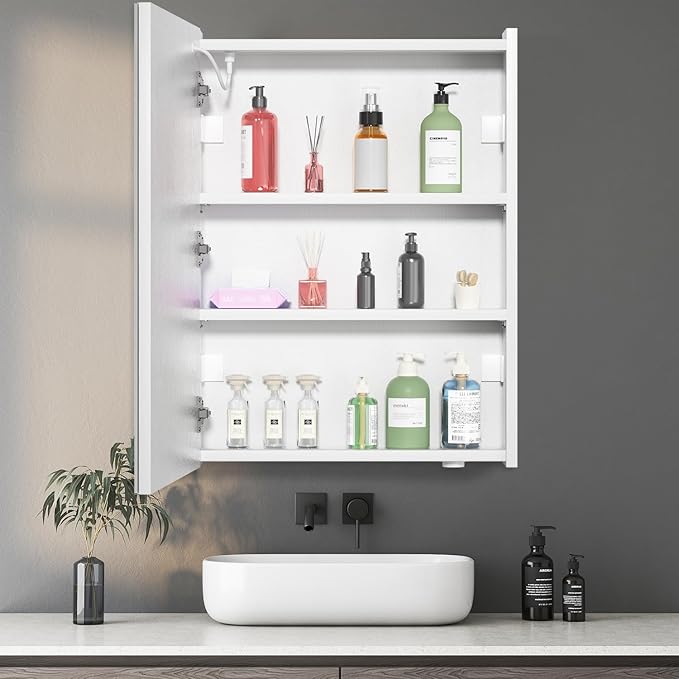 32 x24Inch LED Medicine Cabinet Mirror with Lights for Bathroom, Defogger,Stepless Dimmable,3000K/5500K Color Temperature Wall Mounted Makeup Mirror, Adjustable Shelf (Assembly Required)