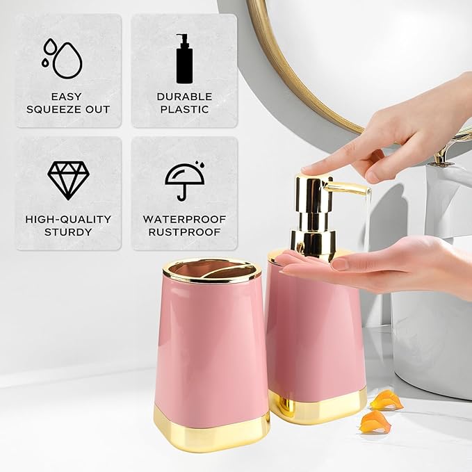 Bathroom Accessories Set, 2Piece Pink and Gold Bathroom Accessories Include Soap Dispenser and Toothbrush Holder for Modern Bathroom Decor