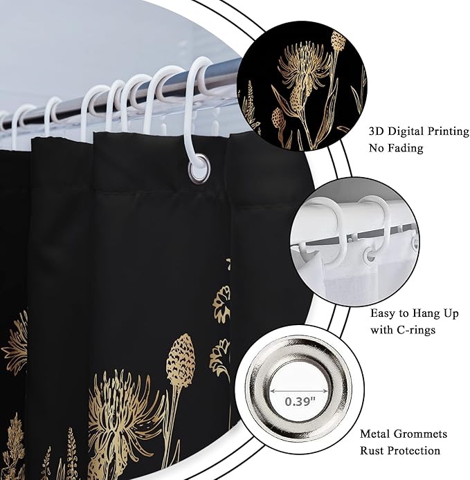 Riyidecor Vintage Black Gold Floral Wildflower 4Pcs Bathroom Shower Curtain Sets Botanical Leaves Bathroom Decor Set with Rugs and Accessories Rustic Toilet Lid Rug, Contour and Bath Mat with 12 Hooks